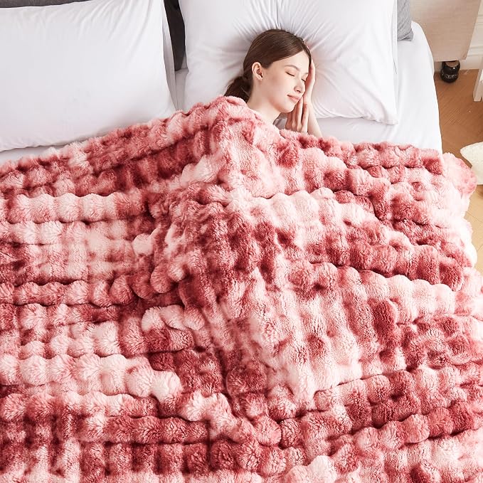 60x80 Inches Ultra-Soft Fuzzy Faux Fur Plush Twin Size Blanket - Thick, Warm Sherpa for Couch, Sofa, Bedroom, Camping - Decorative Blanket for Cozy Warmth, Bubble Dusty Rose Tie Dye