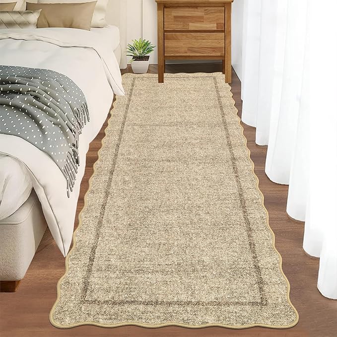 GarveeHome Scalloped Washable 2x6 ft Modern Kitchen Runner Rug Non Slip | Farmhouse Entryway Rug Soft Bathroom Rugs Stain Resistant Carpet for Laundry Bedroom 2 ft x6 ft Jute