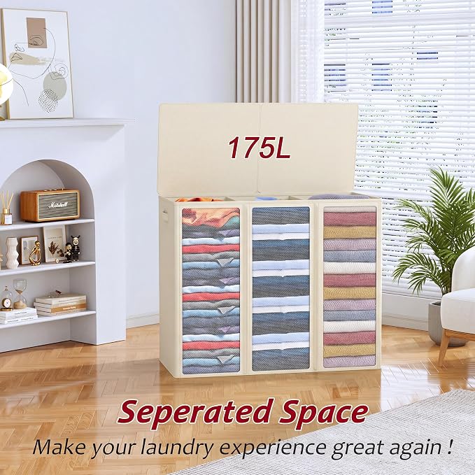 175L Laundry Hamper 3 Section,Large Laundry Hamper with Lid,Dirty Clothes Hamper with 3 Inner Bags,Collapsible Laundry Basket Organizer for Laundry Room,Bedroom,Laundry Sorter Hamper 3 Compartment