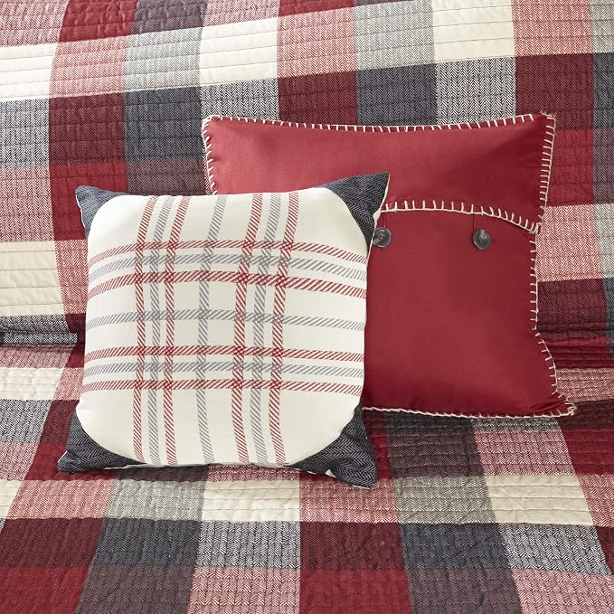 Madison Park Cabin Lifestyle Plaid Quilt Set, 6PC King/Cal King Coverlet | All Season, Luxurious Coverlet Bedspread Lightweight Bedding Layer, Shams, Decorative Pillow, Red