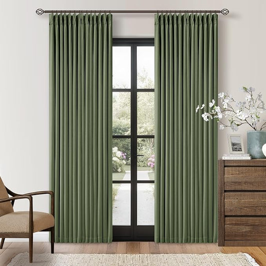 84 Inch Olive Green Linen Pinch Pleated Blackout Curtains Dual Layer | 100% Black Out, Pinch Pleat with Hooks Rings, Thick Linen Textured, Room Darkening, Bedroom Living Room Window Curtains