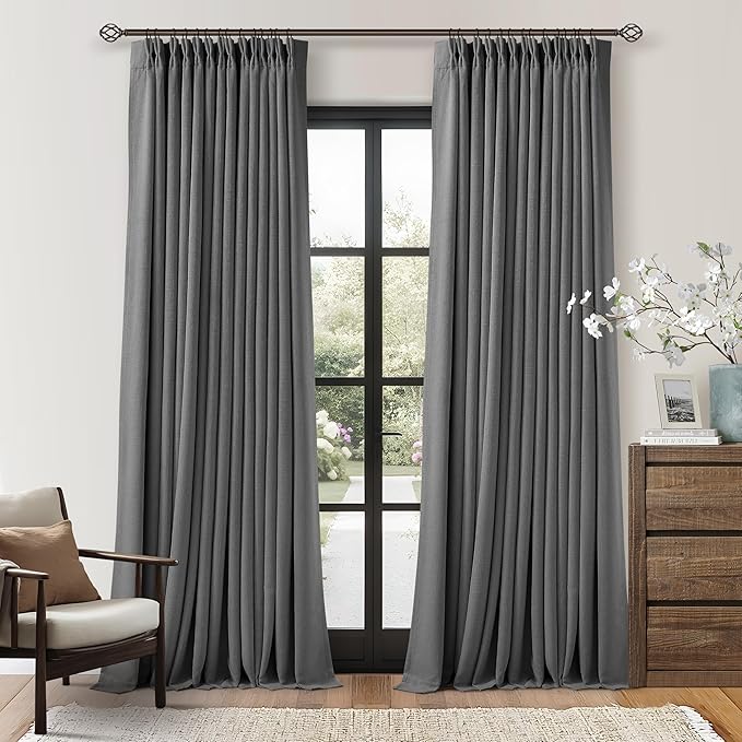 Dark Grey Pleated Thick Linen Blackout Curtains 100 Inches Long with Liner | 100% Black Out, Thermal Insulated, Pinch Pleat with Ring Hooks, Room Darkening Drapes for Living Room Bedroom, Charcoal Gray