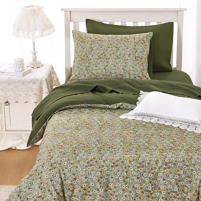 Wake In Cloud - Floral Duvet Cover Set, Cute Vintage Flower Cottagecore Aesthetic for Women Teen Girls, Soft Lightweight Bedding, 3-Piece, Olive Green, Twin/Twin XL Size