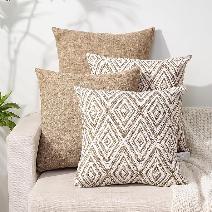 HPUK Throw Pillow Covers 18x18, Set of 4, Light Brown Couch Pillow Covers | Polyester fabric, patterned and solid designs, hidden zippers, machine washable, for sofas and beds, inserts not included