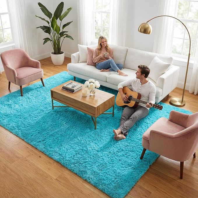 Modern Soft Fluffy Blue Shaggy Rug for Livingroom Bedroom Dorm Kids Room Indoor Home Decorative, Non-Slip Plush Furry Fur Area Rugs Comfy Nursery Accent Floor Carpet 5x8 Feet, Teal