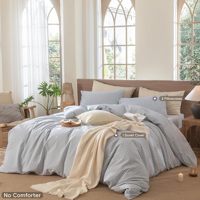 MooMee Striped Duvet Cover Set 100% Washed Cotton Linen Like Super Queen | Relaxed Linen-like Texture. Soft, Breathable & Long-lasting Comfort. Lightweight. Hidden Zipper with 8 Interior Corner Ties