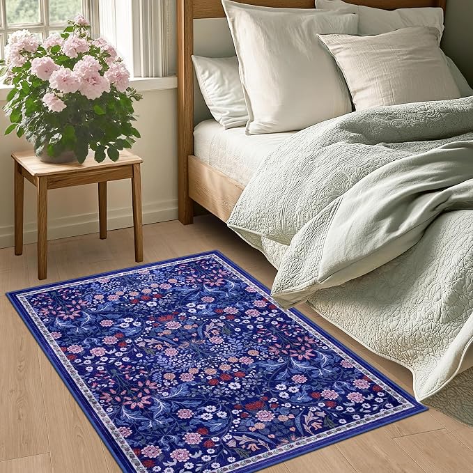 PLHXFR 2x3 Small Entryway Rug: Floral Washable Indoor Soft Carpet Blue | For Entrance, Bedroom, Kitchen, Laundry, Bathroom,Door Mat,Vintage Floral,Machine washable,Non-Slip,Stain Resistant,Indoor