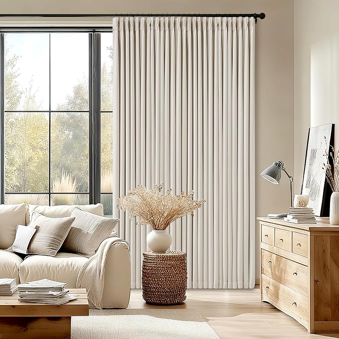 TWODRAPES 92 Inch Long Pinch Pleated Blackout Curtains Natural for Bedroom | Thick Linen Blend, 100% Blackout Sliding Door Curtains, Cozy Modern, Privacy Protection, Living Room Drapes 92 Inches