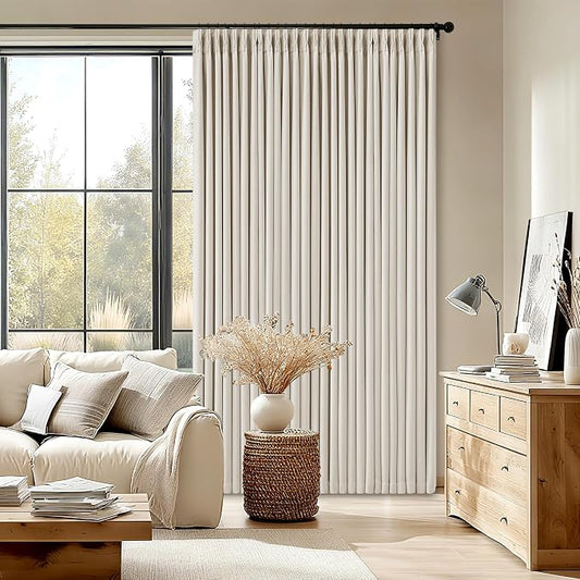 Natural Extra Wide Pleated Linen Blackout Curtains 84 Inches Long 70W x 84L | Memory Trained Pinch Pleat Double Layer, 100% Black Out Room Darkening Heat Blocking, for Bedroom Sliding Glass Door, 1 Panel