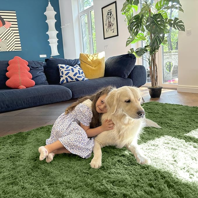 OLANLY 8x10 Machine Washable Large Area Rugs for Living Room, Bedroom, Soft Fluffy Shaggy Bedside Rug, Indoor Floor Carpet for Kids Girls and Boys, Dorms, Nursery, Home Decor Aesthetic, Green