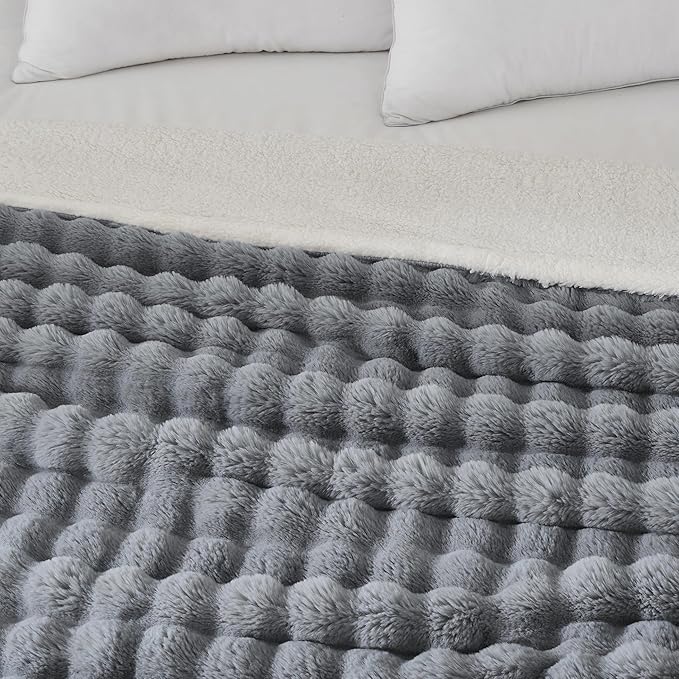 60x80 Inches Ultra-Soft Fuzzy Faux Fur Plush Twin Size Blanket - Thick, Warm Sherpa for Couch, Sofa, Bedroom, Camping - Decorative Blanket for Cozy Warmth, Bubble Grey