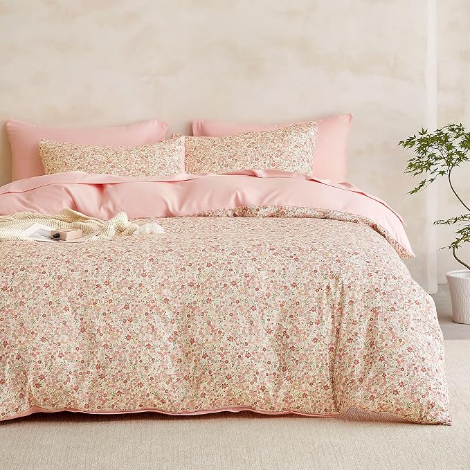 Wake In Cloud - Floral Duvet Cover Set, Cute Vintage Flower Cottagecore Aesthetic for Women Teen Girls, Soft Lightweight Bedding, 3-Piece, Cream Pink, Full Size