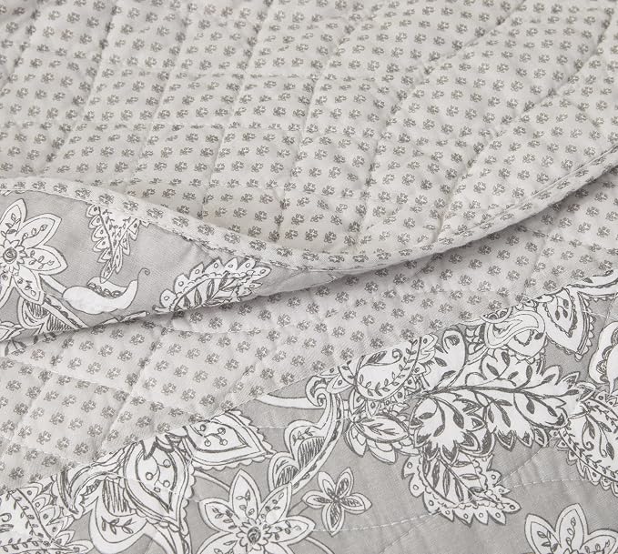 Chezmoi Collection Robyn 3-Piece Gray Taupe White Floral Hibiscus Flower Patchwork Striped Quilt Set - Pre-Washed Soft Lightweight Reversible Cotton Bedspread Coverlet for All Season, Oversized King