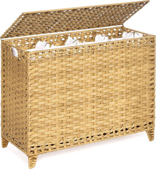Laundry Hamper with 4 Removable Liner Bags, 176L Laundry Sorter with Lid | Raised Feet; Side Carry Handles; Handwoven PP Rattan; Rust-Resistant Iron Frame; Decorative Woven Design