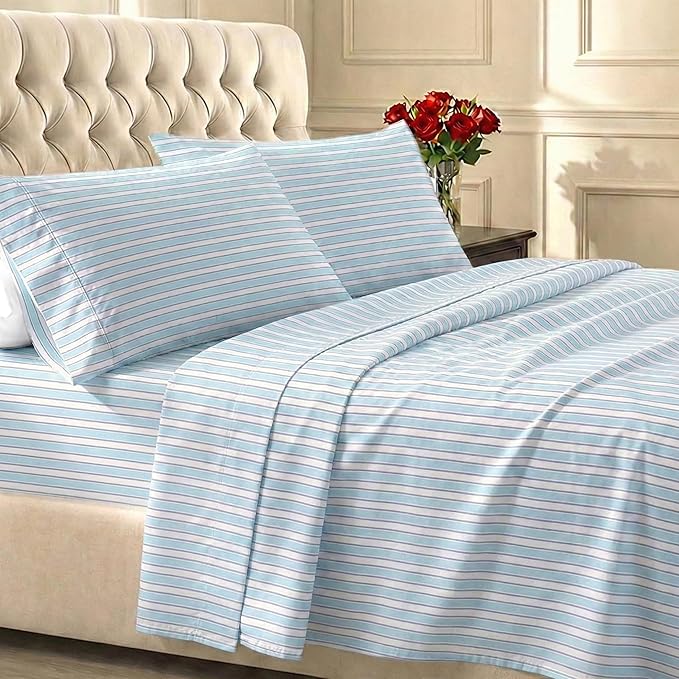 California Design Den Soft 100% Cotton Sateen Cali King Sheets Set, 4 Pcs | 400 Thread Count Backed by Good Housekeeping Seal, 16" Deep Pocket, All-Around Elastic, Durable - Cape Stripe Blue Print