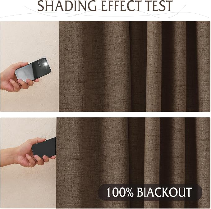 RYB HOME Brown 100% Blackout Short Curtains 45 Inches Long for Cafe | Thermal Insulated, Linen Texture, Light Blocking, for Kitchen RV Bathroom Basement Garage, Small Window, W52 x L45, 2 Panels