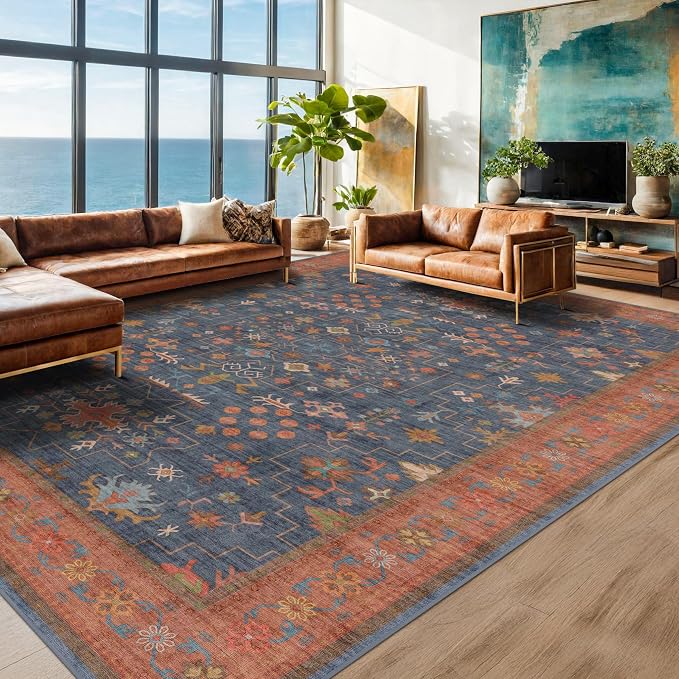 Dining Room Rugs for Under Table - 6x8 Washable Area Rug for Living Room, Low Pile Non-Slip Rugs for Bedroom - Navy Blue & Terracotta Vintage Boho Eclectic Home Decor