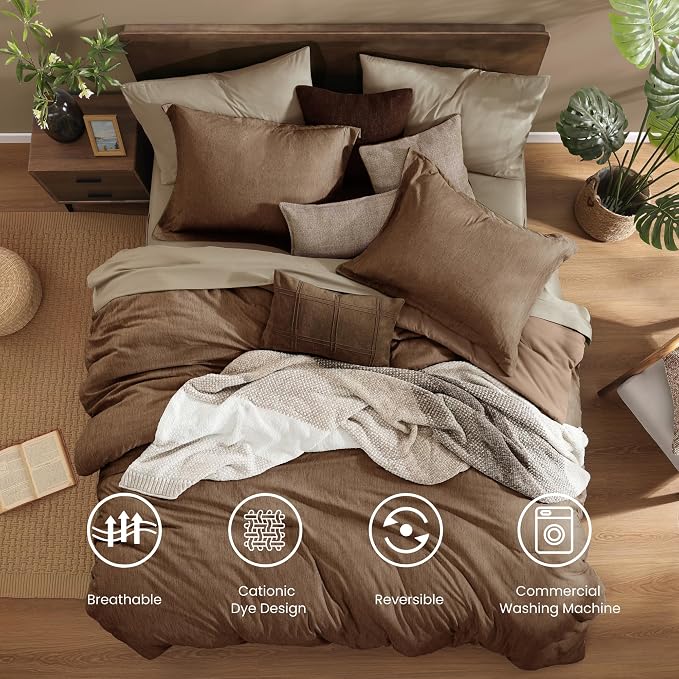 Monbix Queen Comforter Set 7 Pieces Brown Cationic Dyeing Bed in a Bag | Lightweight Reversible All Season Bedding Sets with Comforter, Sheets, Pillowcases & Shams