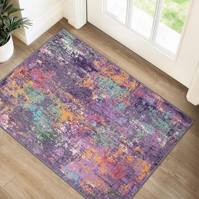 RELEANY Washable 2'x3' Abstract Area Rug for Living Room Purple Multi | Carpet for Bedroom, Kitchen, Office, Hallway and Entryway, Printed Pattern, Non‑Slip, Soft, Stain‑Resistant, Easy to Clean