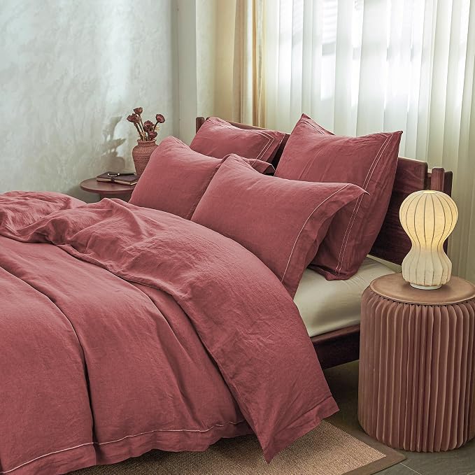 Simple&Opulence 100% French Linen Euro Shams with Embroidery (26'' x 26'') - Pack of 2 - Pre Washed Solid Color Natural Flax Soft Breathable - Coral Red