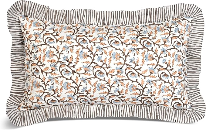 Ridhi Block Print Brown Meadow Vine Ruffle Lumbar Pillow Shams, 20" x 12" | 100% cotton, Floral Pillowcase, Cushion Cover, Hidden Zipper, Cottagecore Bedding, farmhouse boho style, fits couch, sofa,Bed