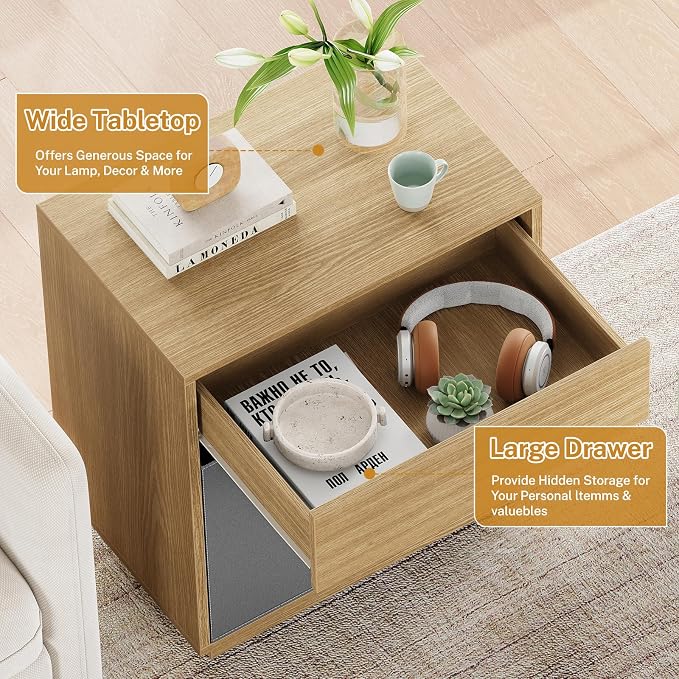 TEENFON Nightstands Set of 2, Night Stand with Drawer, Nightstand with Metal Slide, Nightstands Bedside Table with Removable Fabric Drawer, Night Stands for Small Space, Bedroom, Natural
