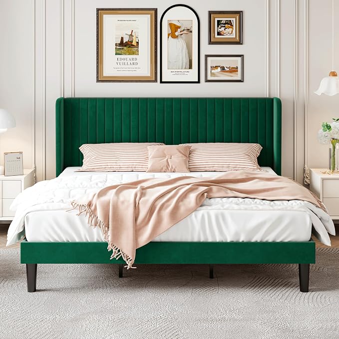 SHA CERLIN King Size Velvet Bed Frame, Tufted Wingback Headboard, Green | 47'' Modern Vertical Channel Headboard, Upholstered Platform Bed, Wood Slats, No Box Spring Needed, Easy Assembly, Noise Free