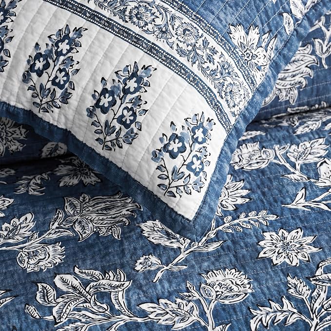 EverGrace 100% Cotton Floral Quilt Set, Queen Size, Indigo Blue 92"×96" | Reversible Lightweight Bedspread Coverlet, Vintage Floral Farmhouse Bedding,Traditional Block Print Quilt with 2 Pillow Shams