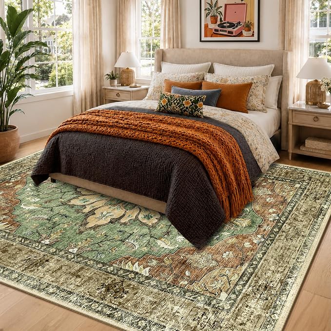 RELEANY Washable Area Rug, 6'x9', Brick/Brown/Green | Non-Slip, Water Repellent, Pet Friendly, Easy to Clean, Vintage Floral Boho Decor for Living Room Bedroom Dining Room Office
