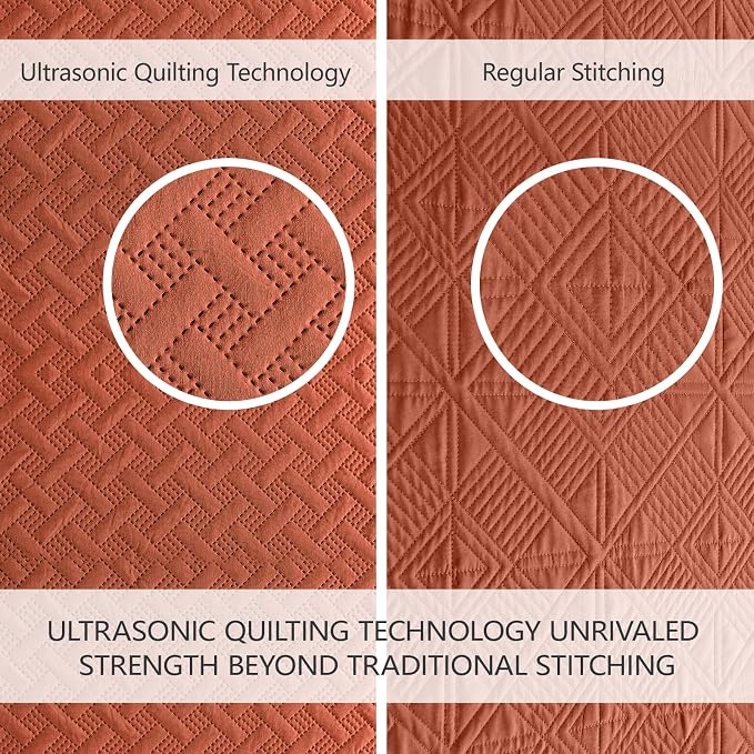 FLYMME Burnt Orange Twin Quilt Bedding Set Thin Lightweight Bedspreads,Modern Style Geometric Weave Stripe Pattern,Soft Microfiber Bed Coverlet for All Season (1 Quilt, 1Sham)