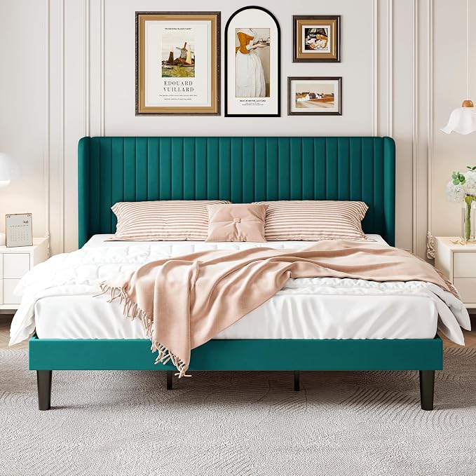 SHA CERLIN King Size Velvet Bed Frame, Tufted Wingback Headboard, Teal | 47'' Modern Vertical Channel Headboard, Upholstered Platform Bed, Wood Slats, No Box Spring Needed, Easy Assembly, Noise Free