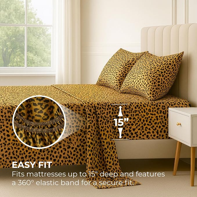Satin Sheets Full [4-Piece, Gold Leopard] Hotel Luxury Silky Bed Sheets - Extra Soft 1800 Microfiber Sheet Set, Wrinkle, Fade, Stain Resistant - Deep Pocket Fitted Sheet, Flat Sheet, Pillow Cases
