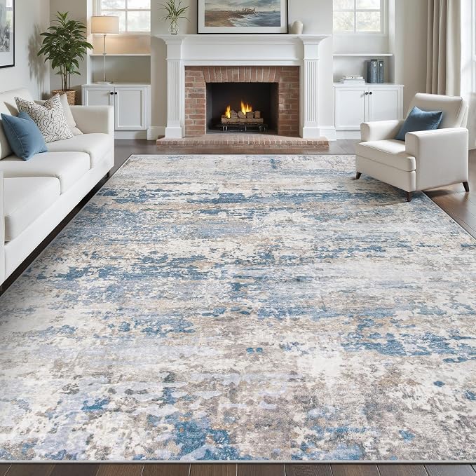 pmtsns Area Rugs 9x12 for Living Room: Washable Rug Modern Abstract Neutral Soft Non-Slip Low-Pile Indoor Large Carpet for Bedroom Dining Room Playroom Home Office (Light Blue Brown, 9'x12')
