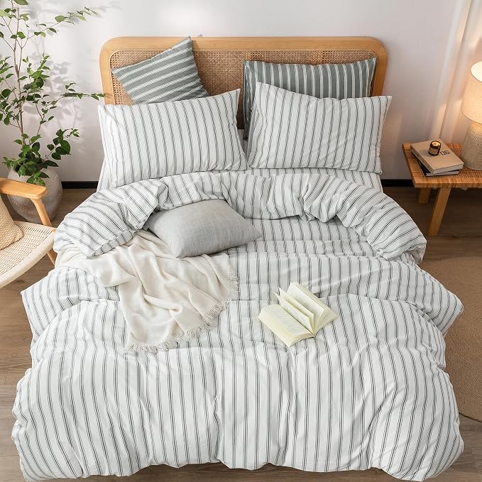 BESTOUCH Striped Cotton Duvet Cover Set Linen Feel California King | 100% Washed Cotton, Soft Wrinkle Texture, Hidden Zipper, 8 Ties, Breathable Lightweight Durable Comfy, 3 Pcs No Insert
