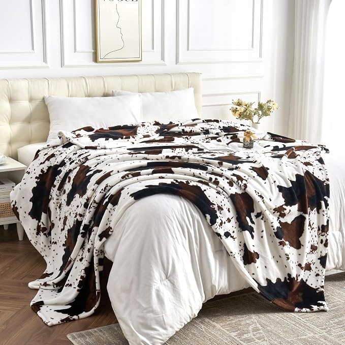 Edenleaf King Size Cow Blanket for Couch Bed, Soft Cozy Fleece Cow Printed Blanket for All Seasons 90"x108" (Dark Brown)