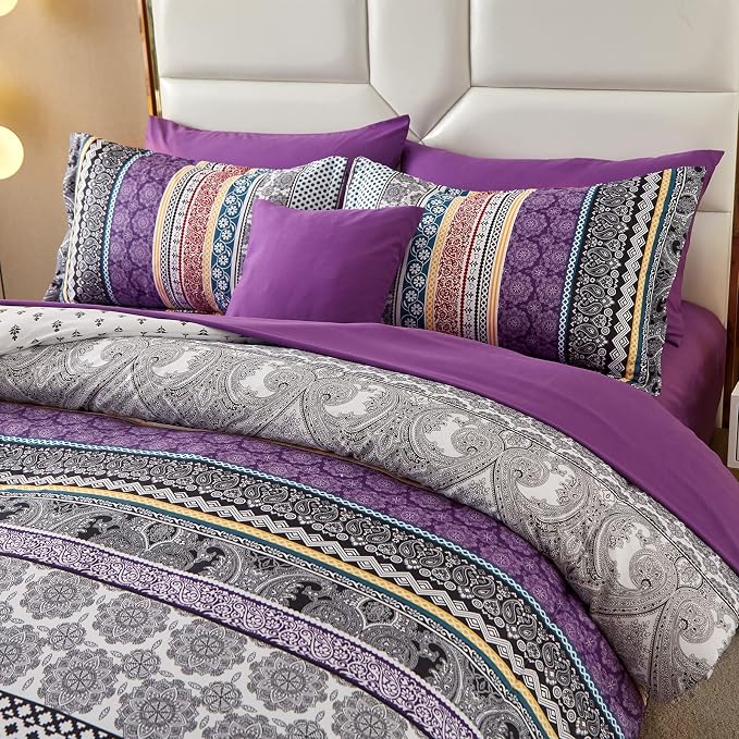 Boho Comforter Set California King Size,8 Piece Bed in a Bag Bohemian Striped Bedding Quilt Set,Purple Paisley Floral Comforter and Sheet Set,Soft Microfiber Complete Bedding Sets for All Season