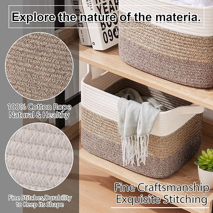 OIAHOMY Woven Storage Basket, Cotton Rope Baskets for Toys,Towel, Clothes, Used to Bathroom,Living Room,Nursery,Bedroom, 16"x12"x10"- Pack of 3, Gradient Dark Brown