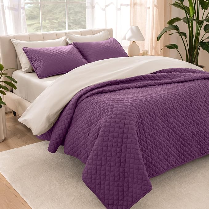 Bare Home Coverlet Set - Full/Queen - Lightweight Bed Decor - Comforter Alternative - All-Season Quilted Bedspread (Full/Queen, Plum)