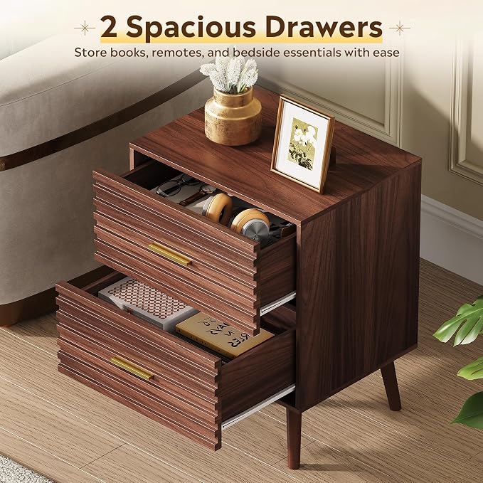 WLIVE Nightstands Set of 2, Mid Century Modern Bedside Tables with Fluted Drawers, Walnut Wood End Table with Storage for Bedroom, Accent Furniture