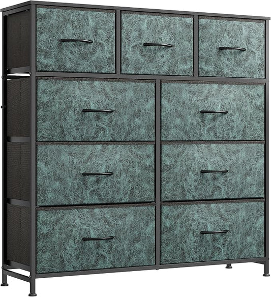 WLIVE Tall Dresser for Bedroom, 9 Drawer Chest of Drawers, Vintage Green | 9 roomy fabric drawers, Tall storage design, Bedroom or closet use, Sturdy steel frame, Smooth wood tabletop