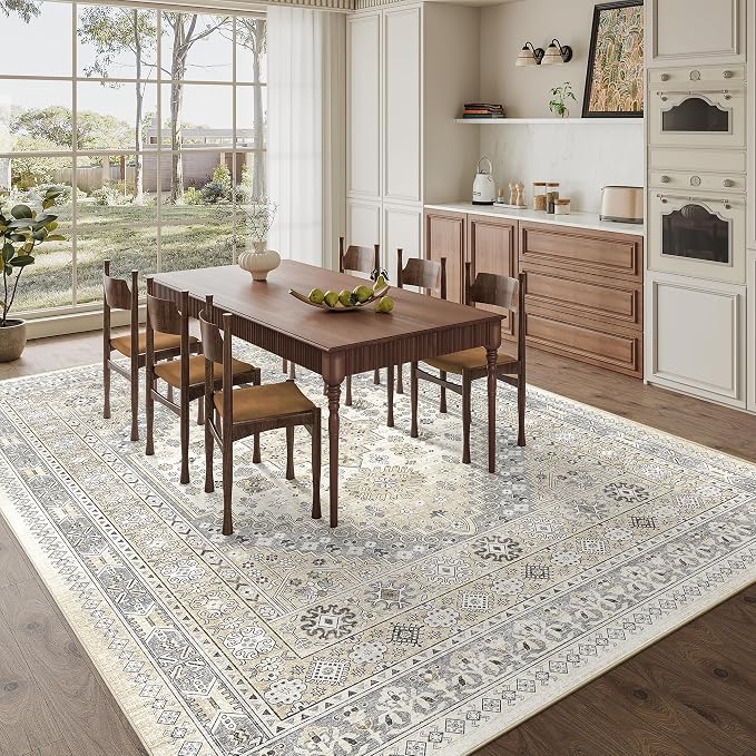 8x10 Area Rugs for Living Room,Large Washable Rug,Beige | Rugs for Bedroom,Dining Room,Office,Low Pile,Soft, Vintage Rug,Stain Resistant Indoor Carpet,Non Slip,Home Decor