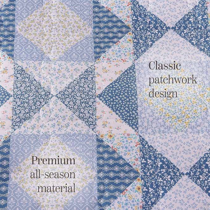 King Quilt Set-3 Pieces Soft Bedding Lightweight Floral Patchwork Coverlet | All Seasons Quilts Queen Size for Bed, 1 Quilt (106" x 94") and 2 Shams (20" x 36"), Vintage Bedspread, Blue Marigold