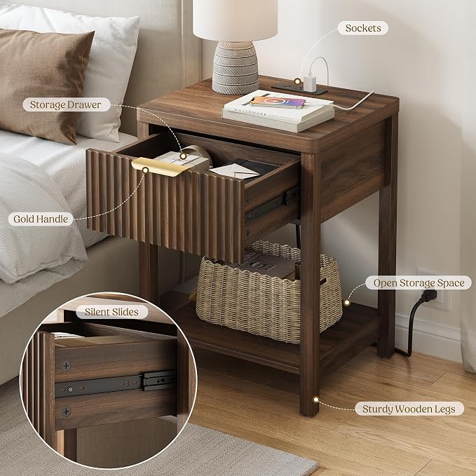 Night Stand Set 2, Fluted Wood Nightstands w/Charging Station for Bedroom | Walnut, Storage Drawer, Open Shelf, Metal Silent Rails, Round Corners, Modern Fluted Panel, Living Room, Bedside Table