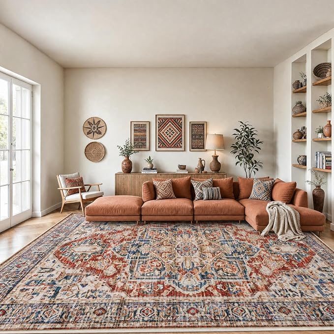 AMADA HOMEFURNISHING 8x10 Washable Area Rug, Low-Profile Large Area Rug with Non-Slip Backing & Durable Edge Binding, Vintage Large Rugs for Living Room, Bedroom, Dinning Room