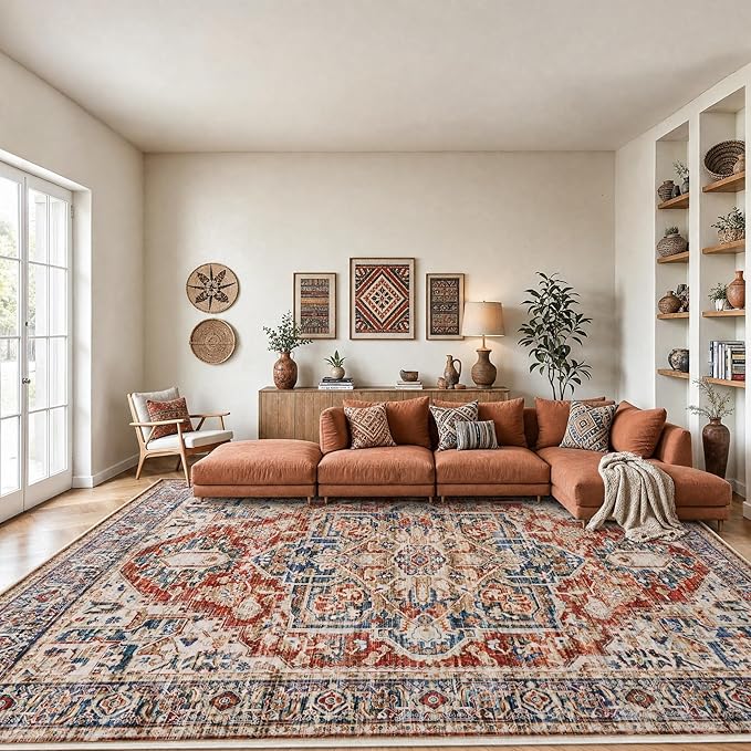 AMADA HOMEFURNISHING 9x12 Washable Area Rug, Low-Profile Large Area Rug with Non-Slip Backing & Durable Edge Binding, Vintage Large Rugs for Living Room, Bedroom & Dinning Room
