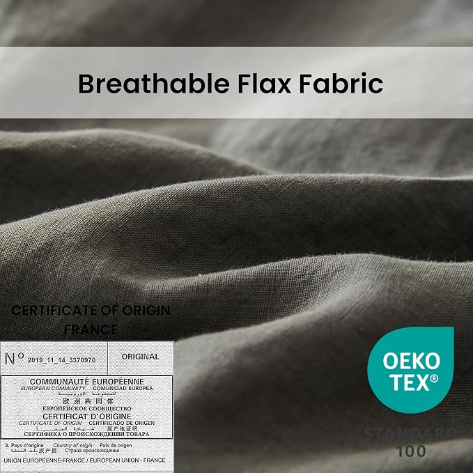 Simple&Opulence 100% Linen Duvet Cover Set with Crossed Embroidery Washed - 3 Pieces (1 Duvet Cover with 2 Pillow Shams) Soft Breathable Farmhouse -Cushing Green, King Size
