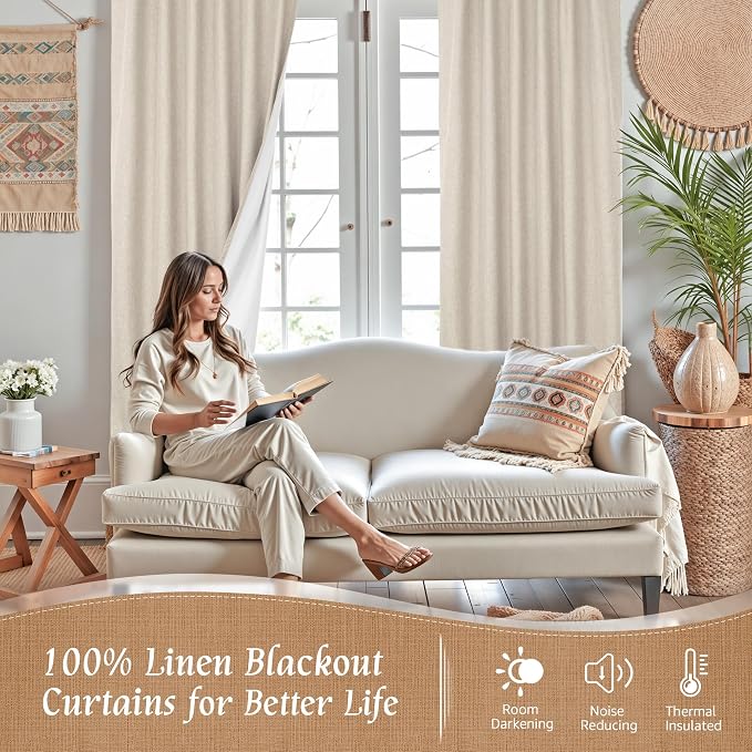 54 Inch Linen Full Blackout Window Curtains for Bedroom 2 Panels | Oatmeal, Thermal Farmhouse Curtains, Privacy Protected, Burlap Panels, Rod Pocket Back Tab, with White Liner, 52 x 54 Inch