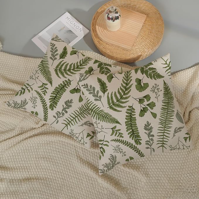 Sage Green Spring Pillow Covers 18x18 Inch 2 Pcs Vintage Leaf Plant Decor Throw Pillows Tropical Botanical Leaves Seasonal Outdoor Decoration Pillowcase Linen Cushion Cover for Couch Sofa