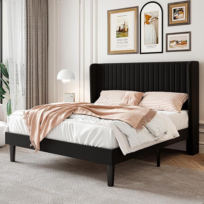 SHA CERLIN Full Size Velvet Bed Frame, Tufted Wingback Headboard, Black | 47'' Modern Vertical Channel Headboard, Upholstered Platform Bed, Wood Slats, No Box Spring Needed, Easy Assembly, Noise Free
