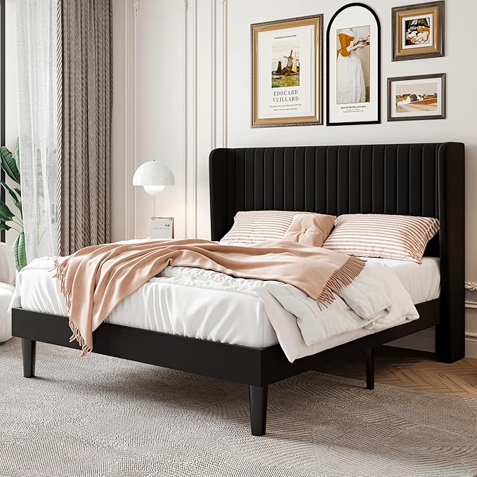 SHA CERLIN Queen Size Velvet Bed Frame, Tufted Wingback Headboard, Black | 47'' Modern Vertical Channel Headboard, Upholstered Platform Bed, Wood Slats, No Box Spring Needed, Easy Assembly, Noise Free